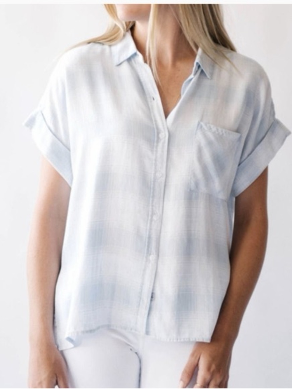 Rails Whitney Pastel Blue Ombre Plaid Linen Blend Short Sleeve Top Size Medium